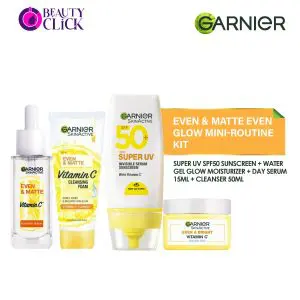 Even & matte Even Glow Mini-Routine Kit : Super UV spf50 sunscreen + Water Gel Glow Moisturizer + Day Serum 15ml + Cleanser 50ml