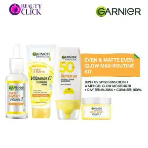Even & matte Even Glow Max-Routine Kit : Super UV spf50 sunscreen + Water Gel Glow Moisturizer + Day Serum 30ml + Cleanser 100ml