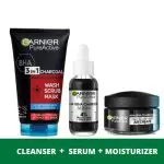Garnier Acne Control Routine Kit: Pure Active Charcoal Wash 150ml+ AHA+BHA Charcoal Serum 30ml+ Air Cream 50ml