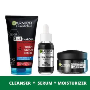 Garnier Acne Control Routine Kit: Pure Active Charcoal Wash 150ml+ AHA+BHA Charcoal Serum 30ml+ Air Cream 50ml