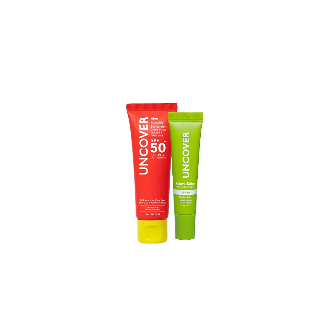 UNCOVER I AM IRRESISTABLE GLOW BALM HYDRATING LIP TREATMENT 15ML &UNCOVER ALOE SUNSCREEN 40ML UNCOVER I AM IRRESISTABLE GLOW BALM HYDRATING LIP TREATMENT 15ML &UNCOVER ALOE SUNSCREEN 40ML